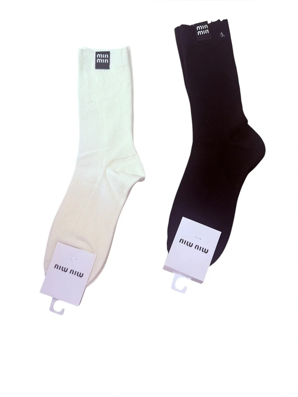 2 Pair Ribbed Miu Miu Outlet Crew Socks - Black & Cream